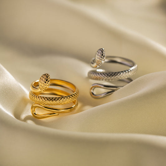 Classic Textured Snake Design Hollow Adjustable 18K Gold Plated Stainless Steel Ring for Women