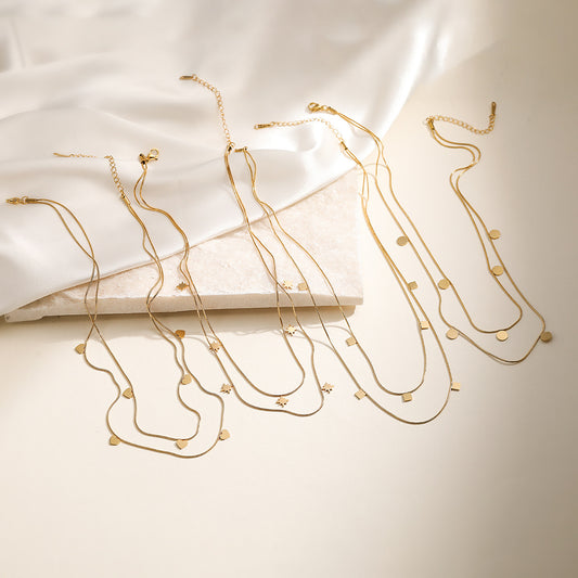 Collar Minimalista Geométrico de Acero Inoxidable para Mujer con Baño de Oro de 18K, Colgante Apilable de Doble Capa