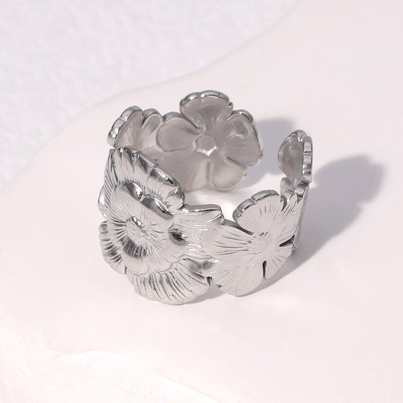 Minimalist Floral Open Ring in Stainless Steel with 18K Gold Plating for Women