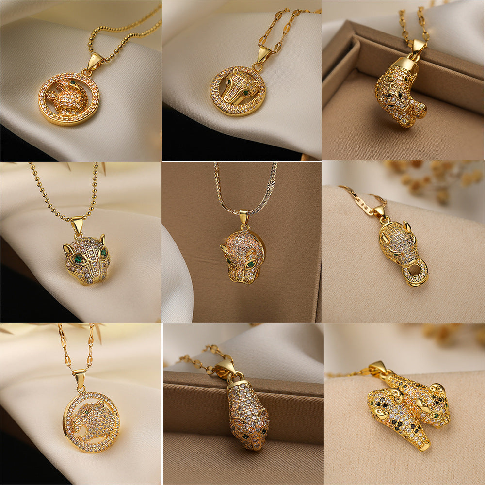 Minimalist Leopard-Shaped Pendant Necklace for Women with Copper Base and 18K Gold Plating, Zircon Inlay, Fashionable Clavicle Chain