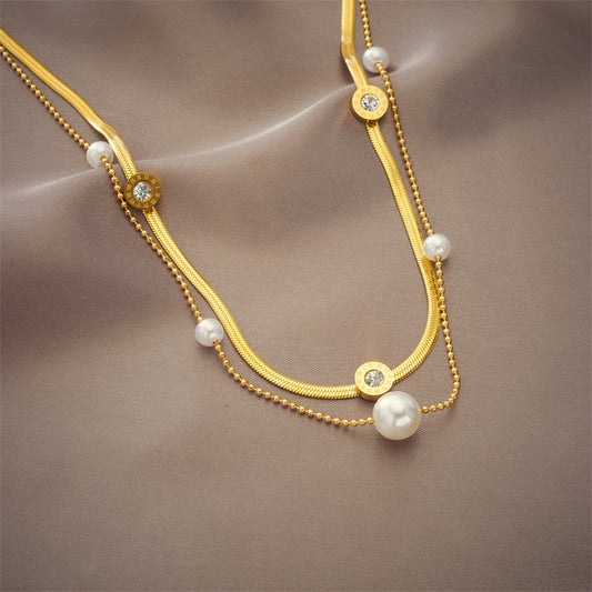 Vintage Style Double-Layer Pearl Roman Numeral Round Pendant Necklace with Rhinestone Accents in Titanium Steel on Snake Chain for Women