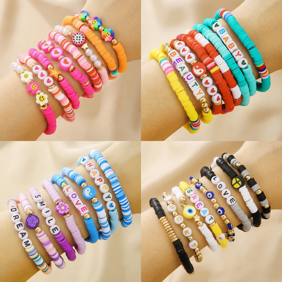 Set di bracciali geometrici fatti a mano con lettere e perline con ciondoli in argilla polimerica, perline in acciaio inossidabile e rame per coppie