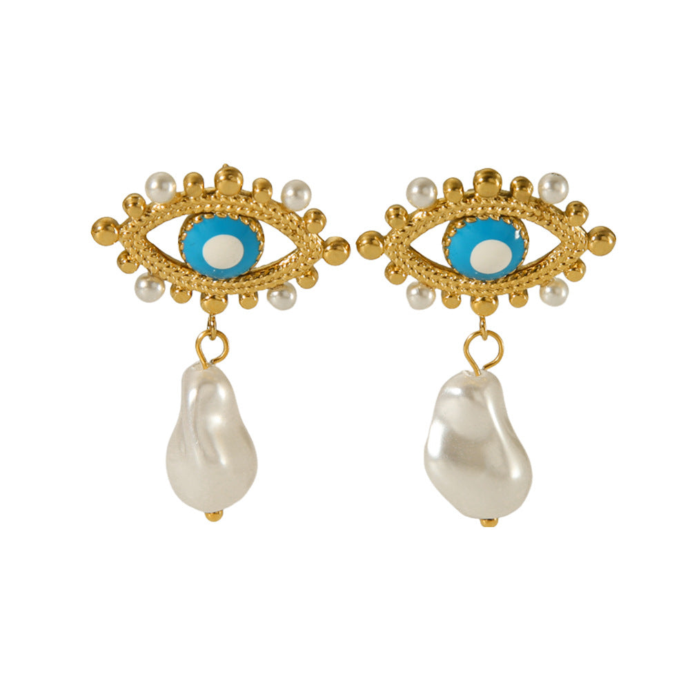 Ins Style Geometric Evil Eye Drop Oil Earrings 18K Gold Plated Stainless Steel with Pearl for Women