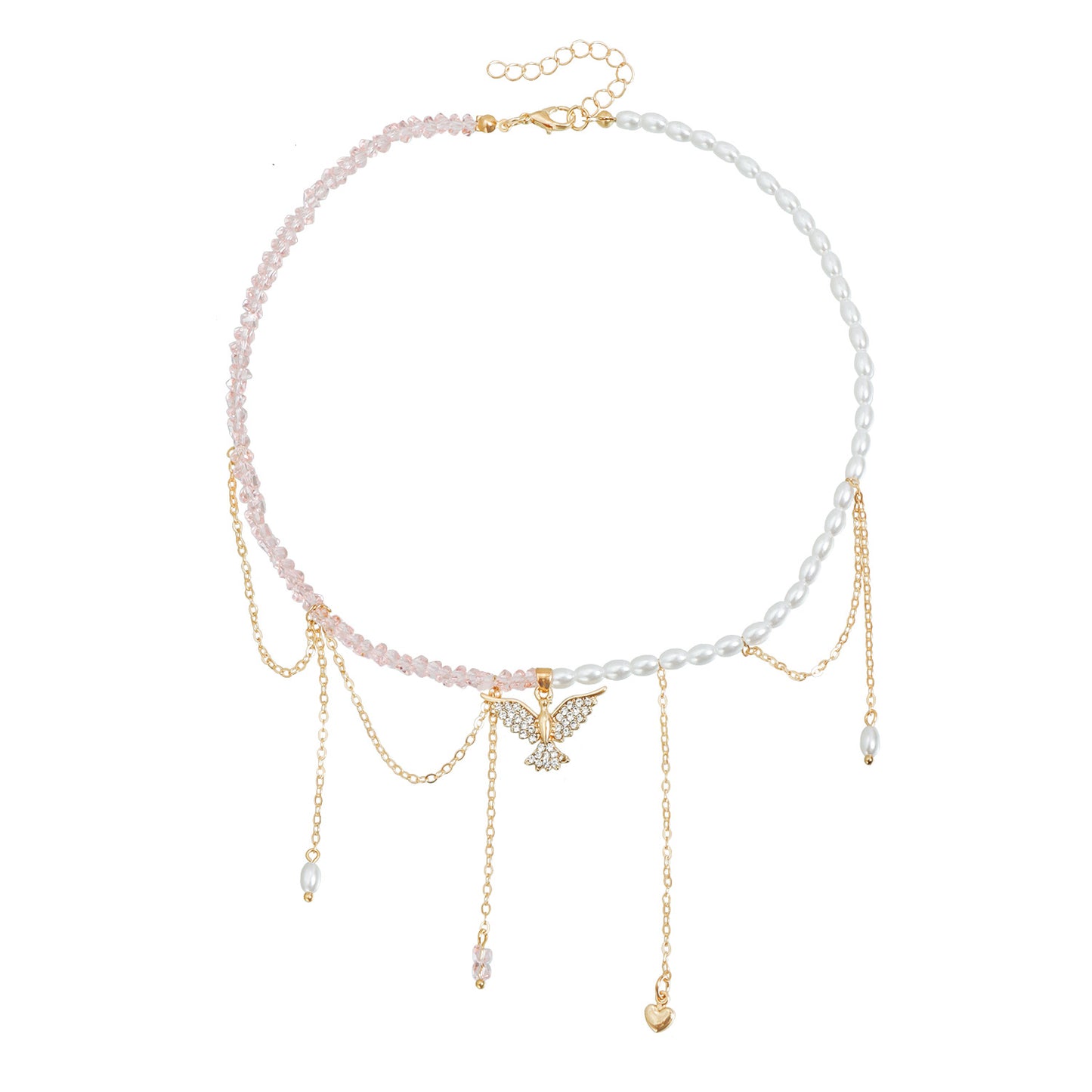 Fashion Rhinestone Crystal Pearl Wing Geometric Alloy Plated Tassel Necklace for Women