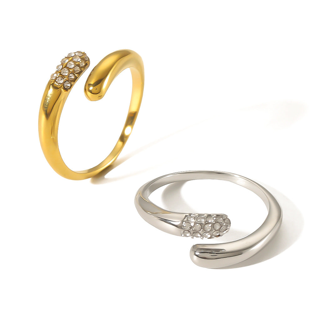 INS Style Geometric Stainless Steel Ring with Zirconia Inlay and 18K Gold Vacuum Plating for Women