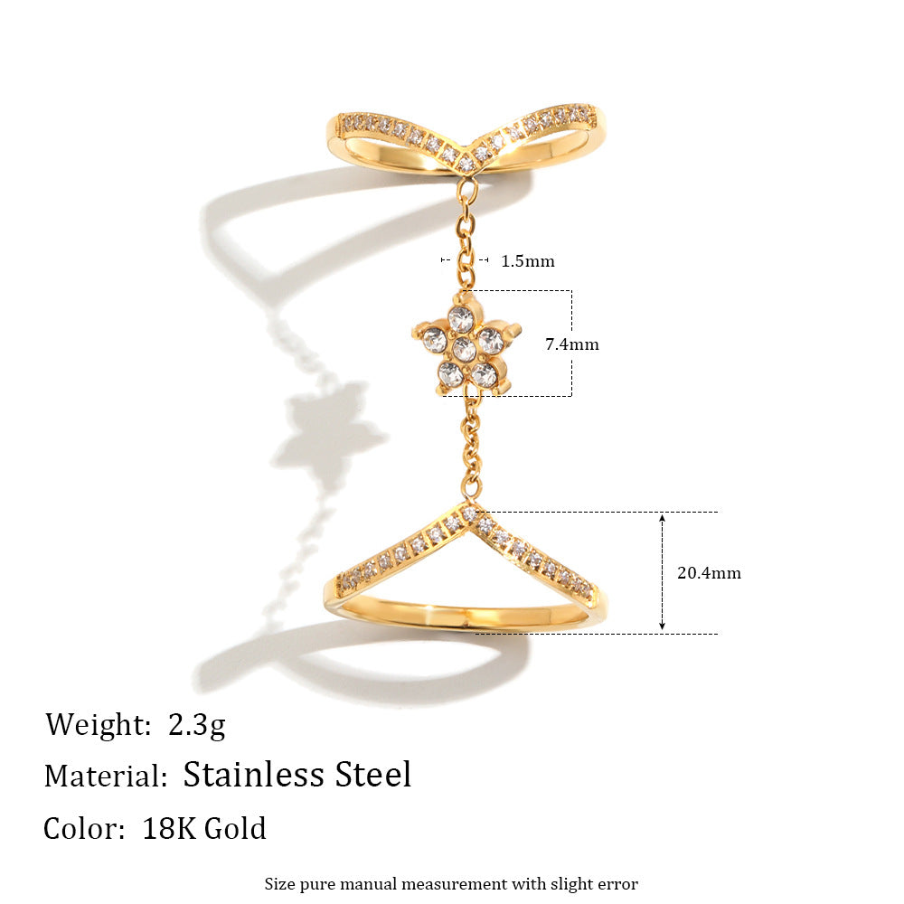 Elegant Minimalist 18K Gold Plated Stainless Steel Floral Double Layer Ring for Women