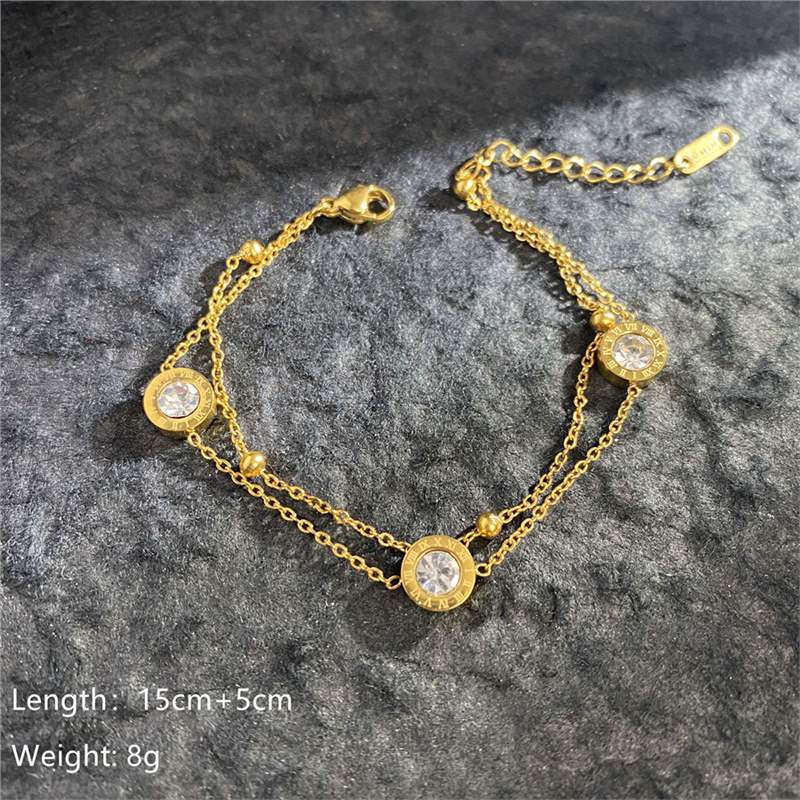 Original Design Geometric Four-Leaf Clover Roman Numeral Double-Layer Bracelet in Titanium Steel with Gold Plating