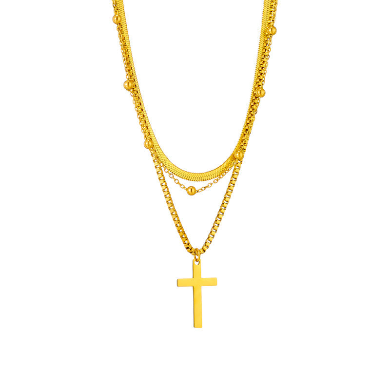 Collar minimalista con colgante de cruz multicapa en acero de titanio con acabado chapado para mujer