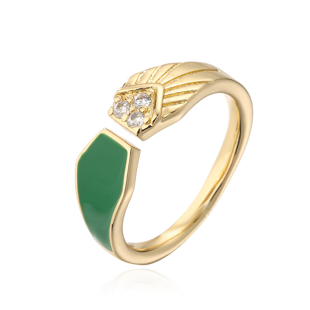 Minimalist Geometric Copper Ring with 18K Gold Plating and Colored Enamel Zirconia for Women