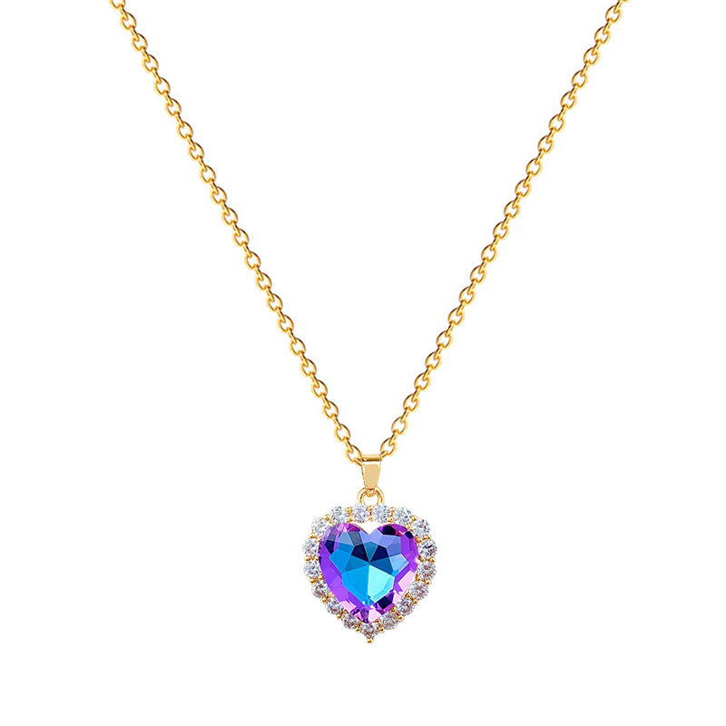 Cartoon Style Heart-Shaped Plated Copper Necklace Set with Ear Studs for Women and Men, Dainty Clavicle Chain Featuring Full Rhinestone Inlay and Fresh Sweet Aesthetic