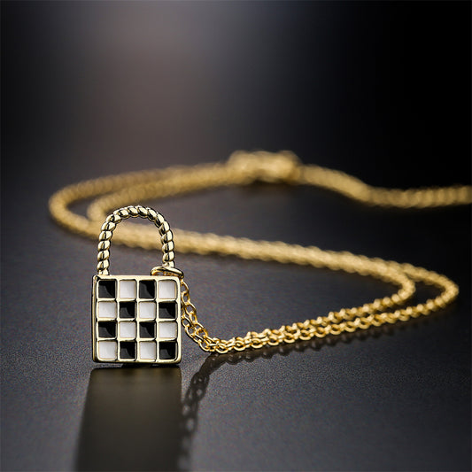 Minimalist Geometric Chessboard Pattern Gold Plated Copper Pendant Necklace