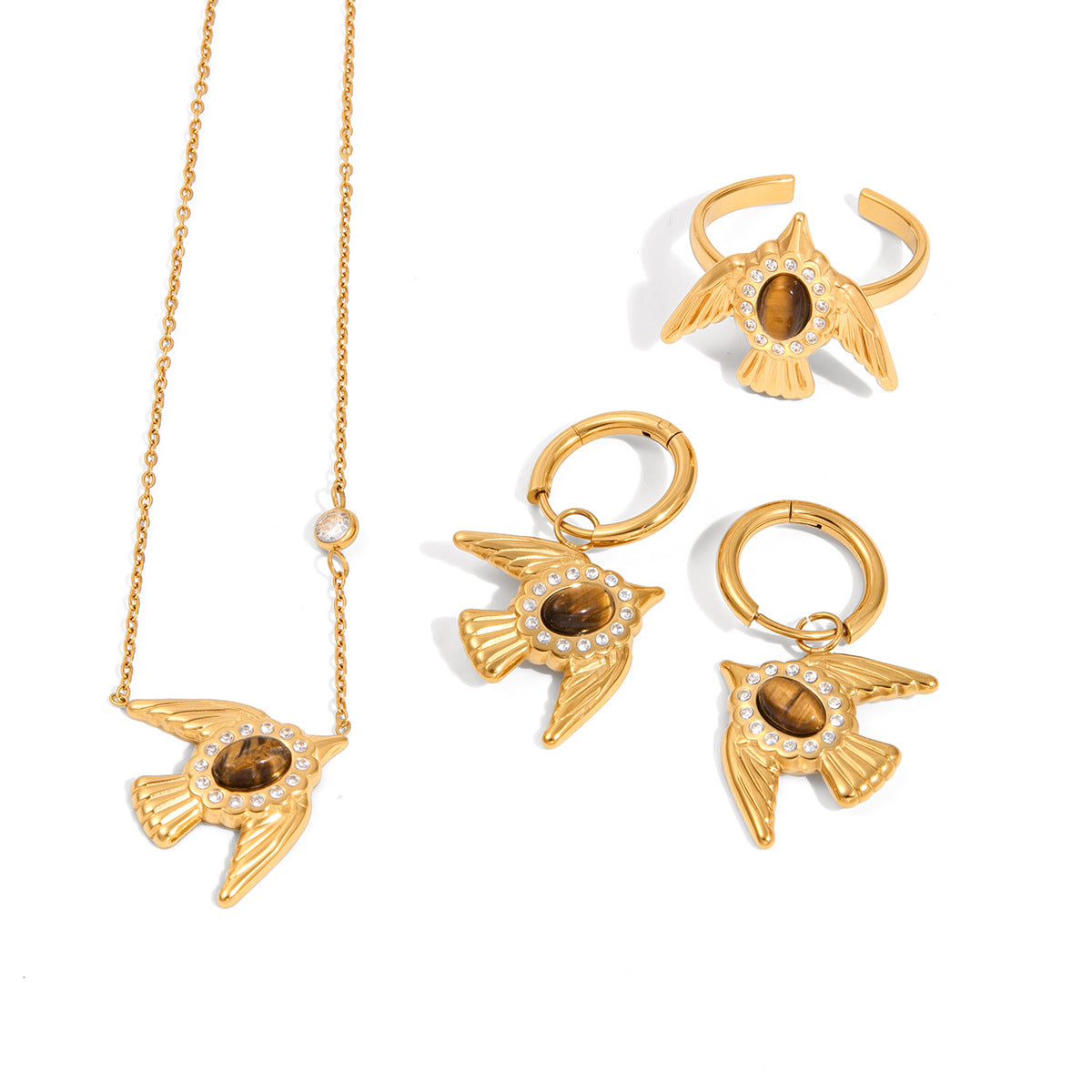 Set collana pendente minimalista con occhio di tigre, acciaio in titanio e intarsio placcato oro per donna