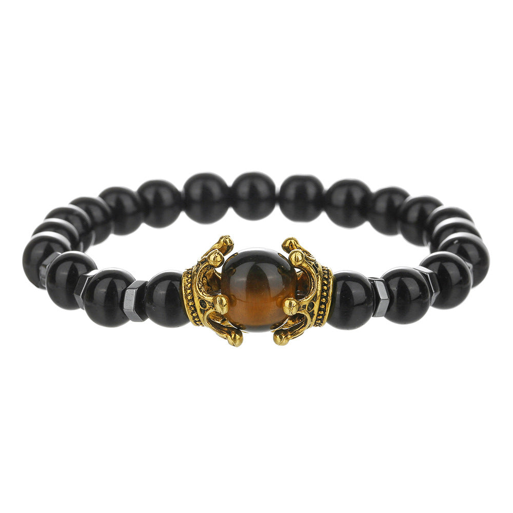 Luxury Punk Geometric Alloy Crown Bracelet with Tiger Eye and Hematite for Men and Women