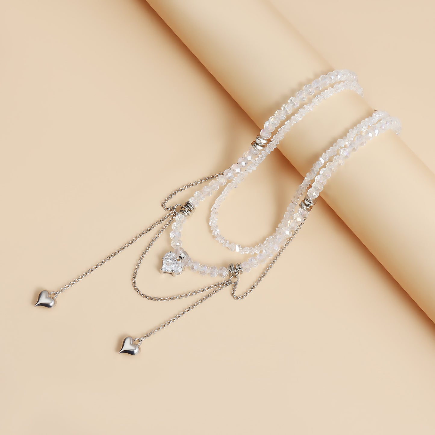 Minimalist Heart-Shaped Glass Pendant Necklace with Double Chain and Fringe Detail for Women