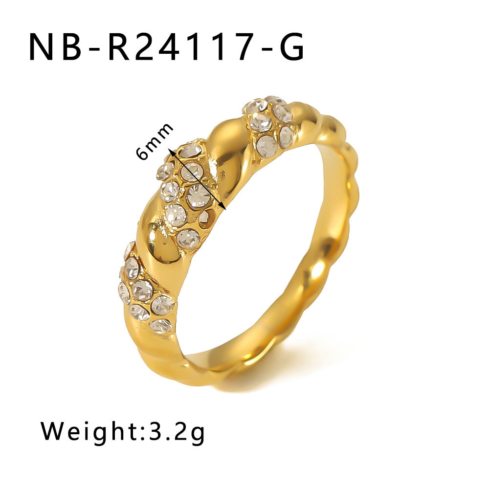 Elegante Anello in Acciaio Inossidabile con Trama Intrecciata e Intarsio di Strass con Motivi a Foglia, Onde e Forme Geometriche per Uomo e Donna