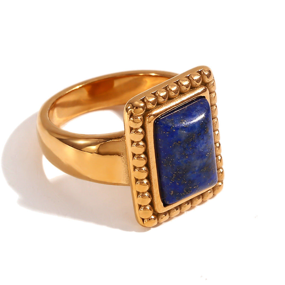 Vintage Geometric Stainless Steel Plated 18K Gold Lapis Lazuli Ring for Women