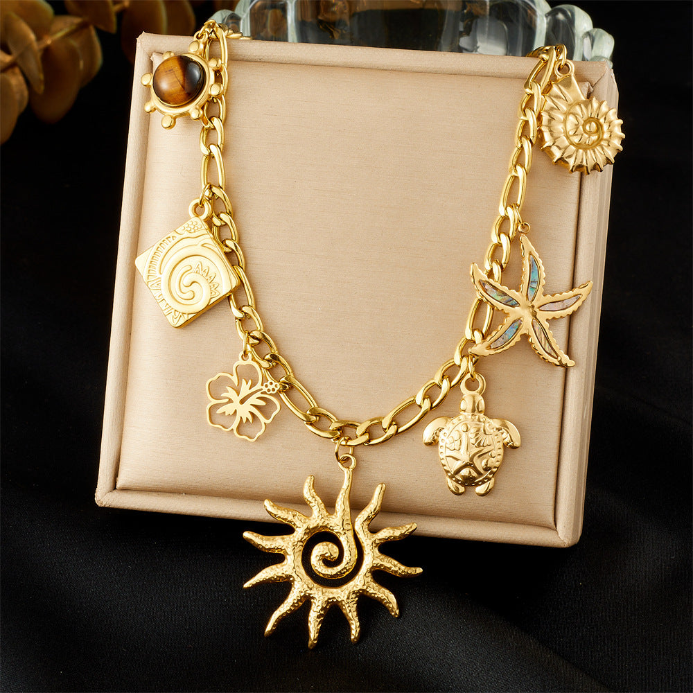 Chic Minimalist Hollow Floral Starfish Turtle Tiger's Eye Plated Stainless Steel Necklace for Women