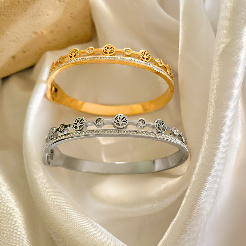 Vintage Double Layer Tree Hollow Titanium Steel Bracelet for Women