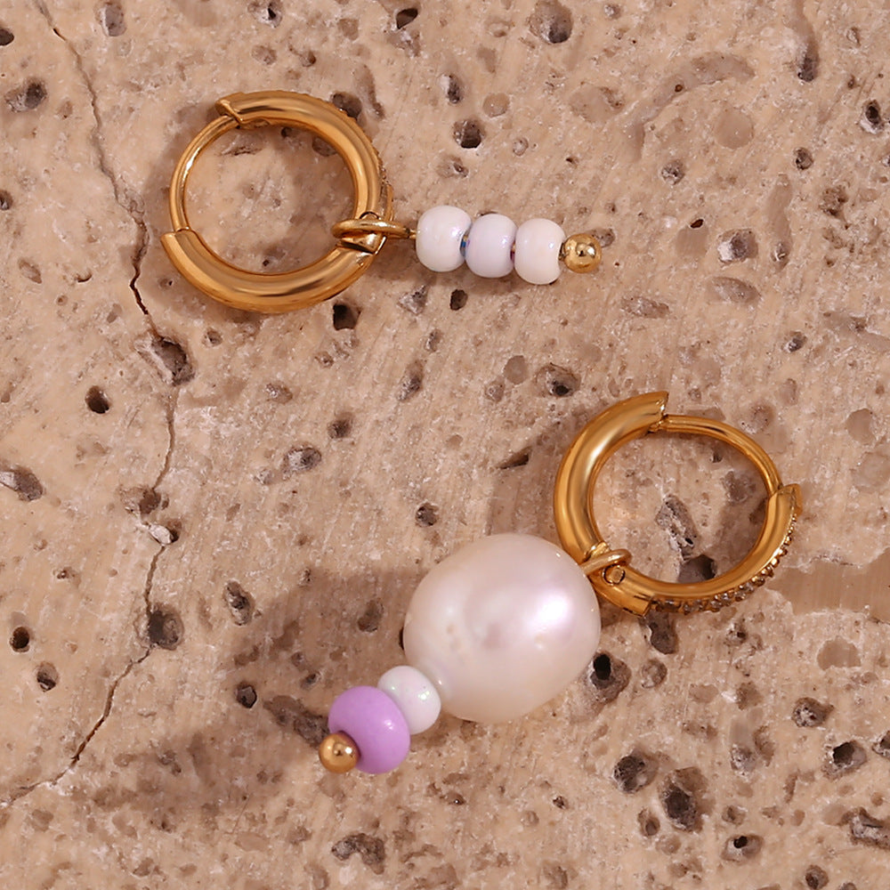Fashionable Y2K Irregular Geometric Stainless Steel Plated 18K Gold Freshwater Pearl Beaded Hoop Earrings for Women