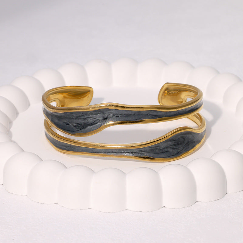 Minimalist Irregular Enamel Gold-Plated Stainless Steel Cuff Bracelet for Women