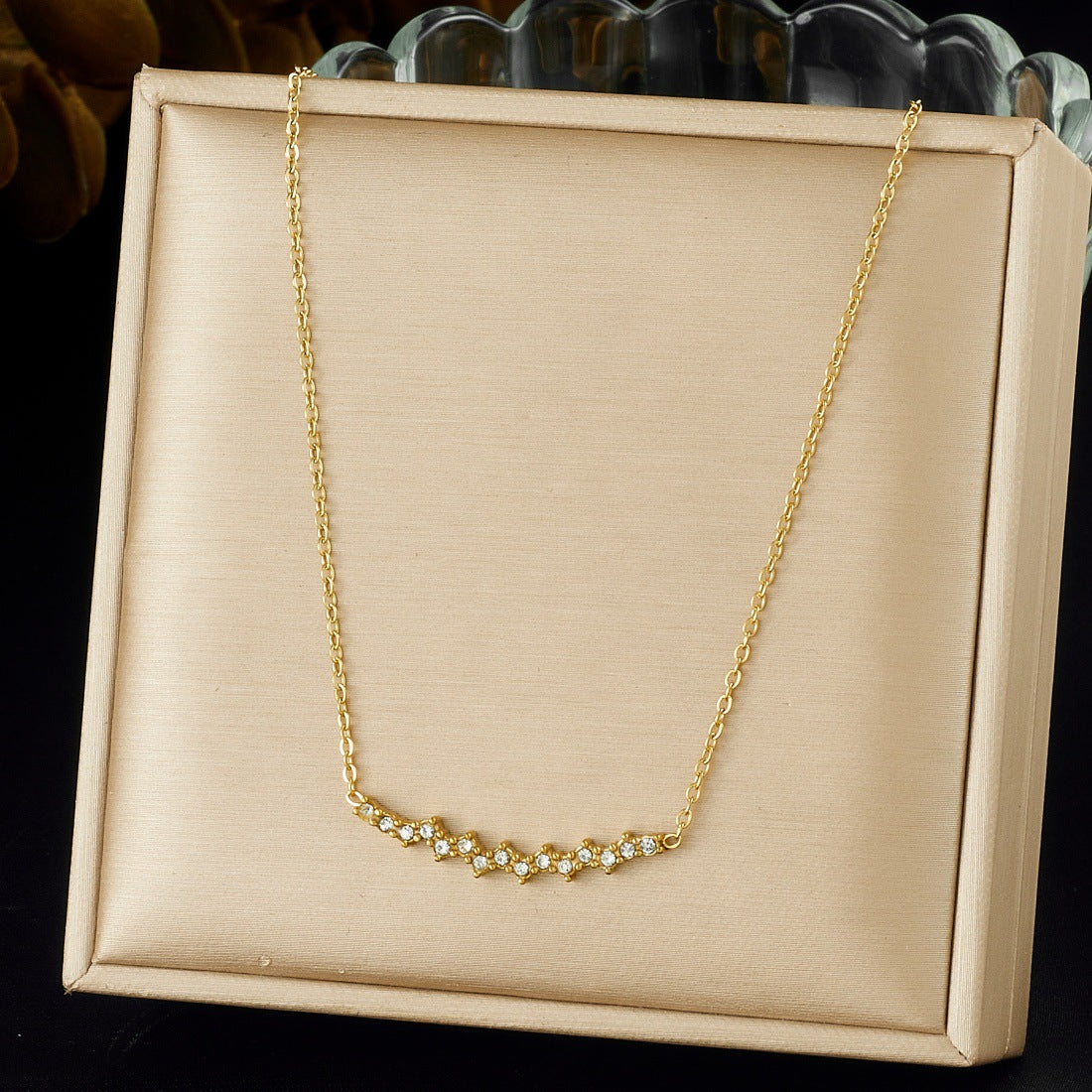 Minimalist Gold Plated Stainless Steel Geometric Rhinestone Line Necklace for Women