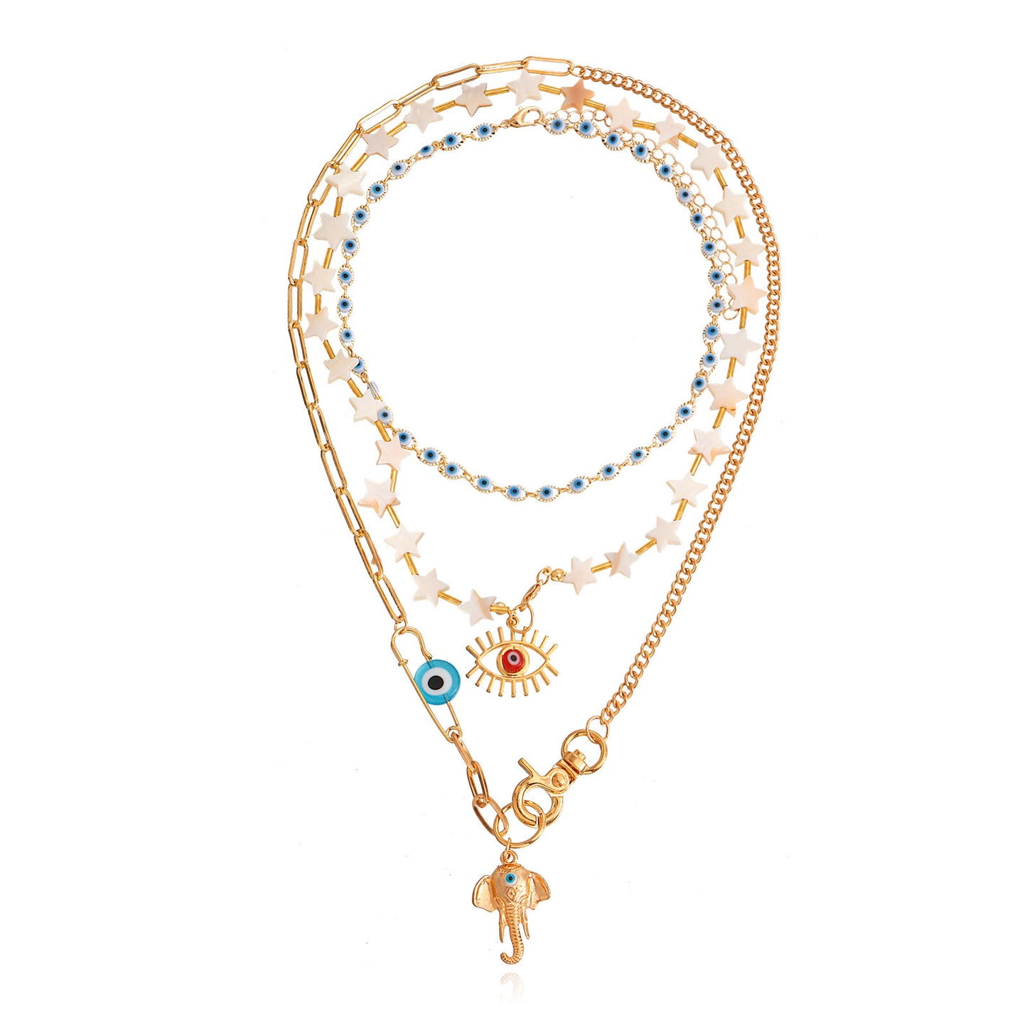 Bohemian Star-Shaped Alloy Pendant Necklace with Evil Eye Charm and Elephant Nose Detail for Women