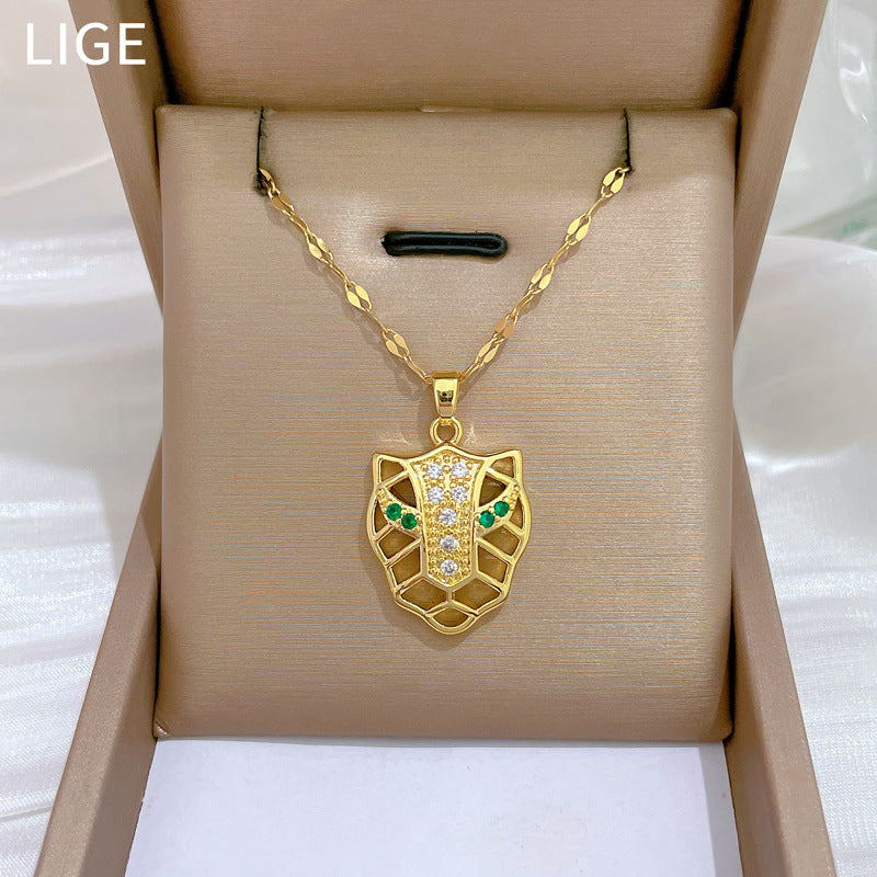 Luxury Leopard Head Pendant Necklace for Women Stainless Steel Snake Chain with Rhinestone Accents Geometric Design