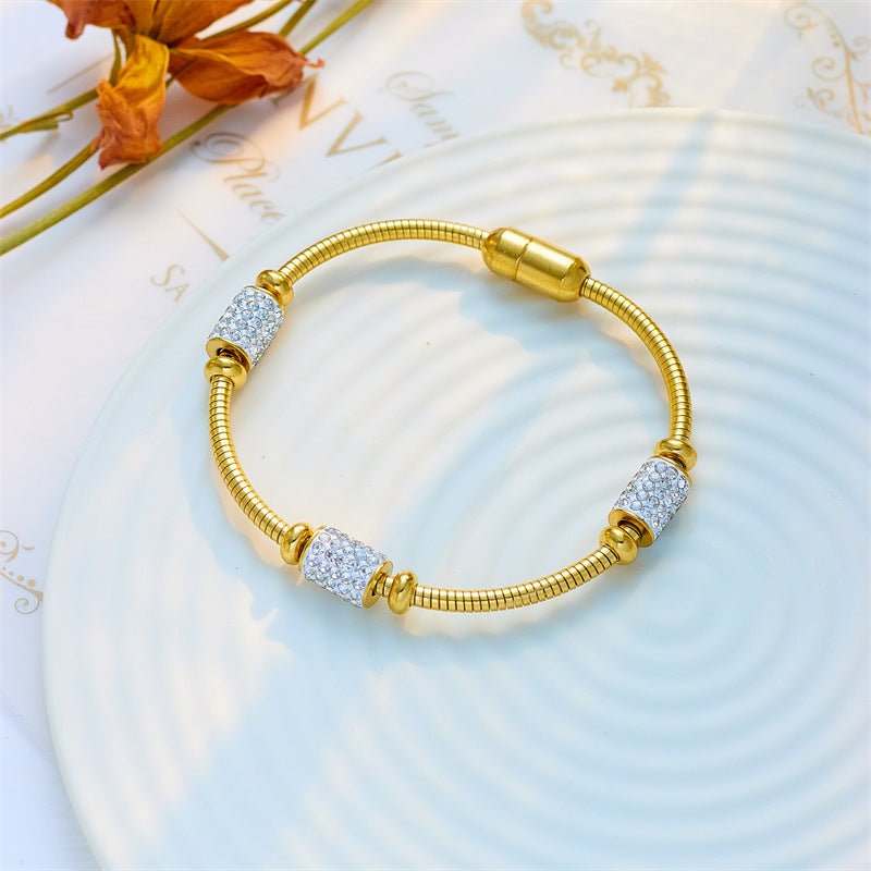 Creative Geometric Round Rhinestone Stainless Steel Bracelet with Magnetic Clasp