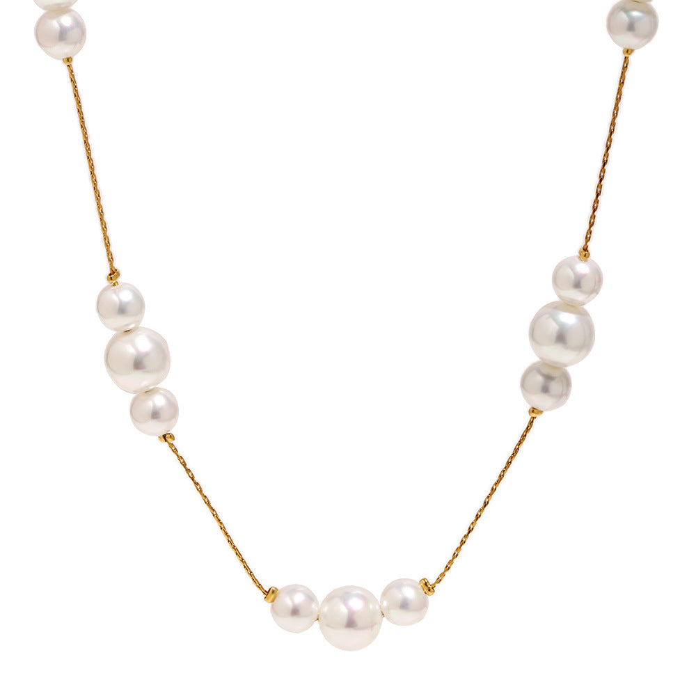 Elegant 18K Gold Plated Geometric Stainless Steel Necklace with Shell Pearl Pendant for Women