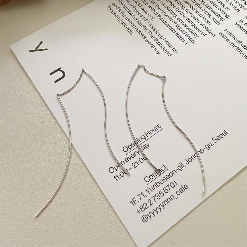 Minimalist Wave-Shaped S925 Sterling Silver Long Dangle Earrings for Women
