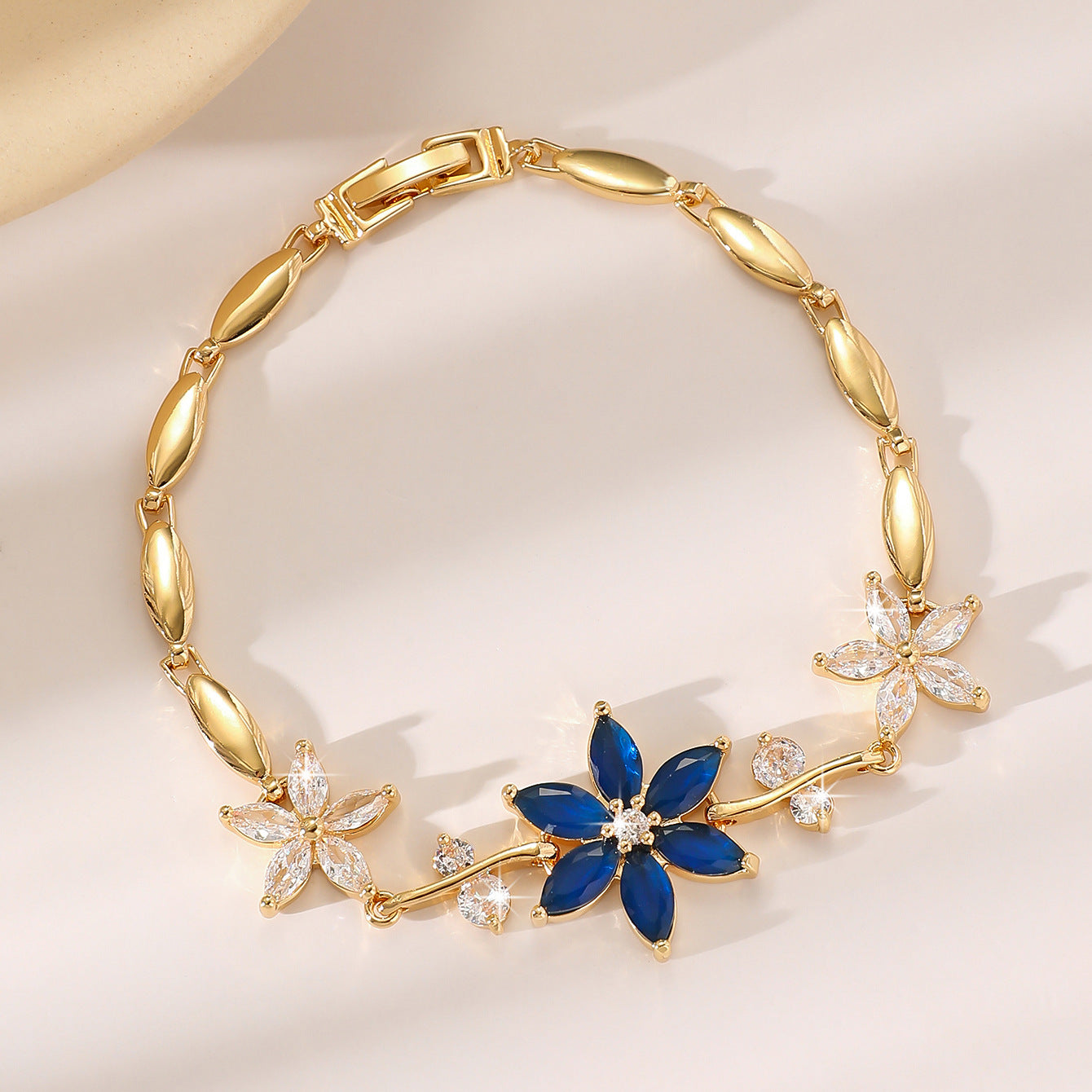 Luxury Gold Plated Brass Leaf Bracelet with Cubic Zirconia Inlay Unisex Floral Design