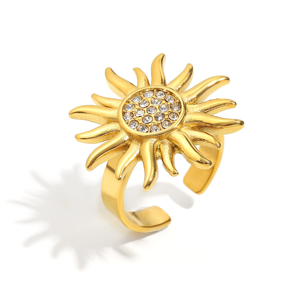 Anello geometrico vintage in acciaio inossidabile con placcatura in oro 18 carati e zirconi a forma di sole, da donna