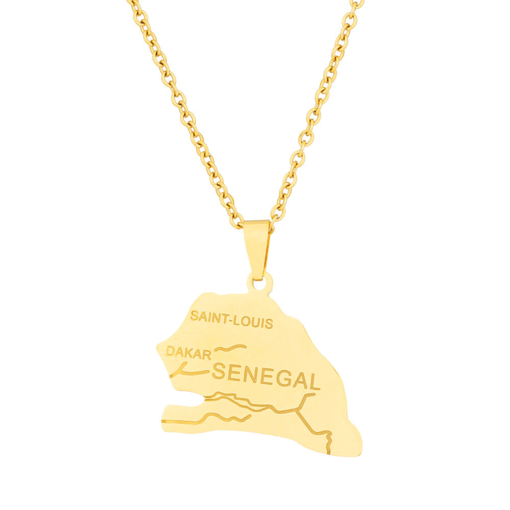 Collar de mujer y hombre con colgante de mapa geométrico de Senegal de acero inoxidable con dije de titanio, cadena en O galvanizada, accesorio de moda