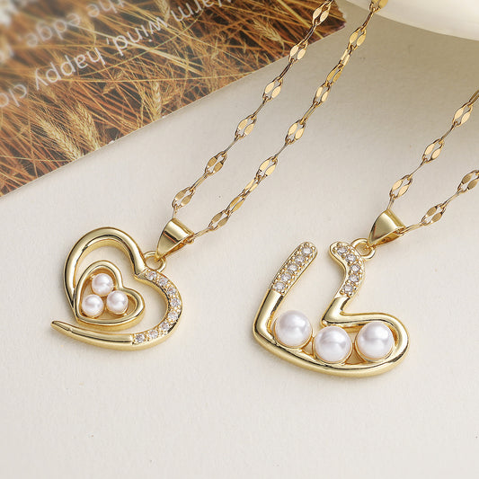 Elegant Minimalist 18K Gold Plated Brass Heart Necklace with Cubic Zirconia and Pearl Pendant for Women
