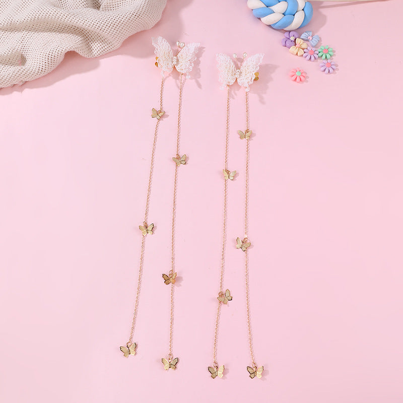 Natural Style Butterfly Bow Hair Clip for Girls with Metal Chain and Long Tassel, Resin Plastic Hair Accessory for Children Ages 3 to 10