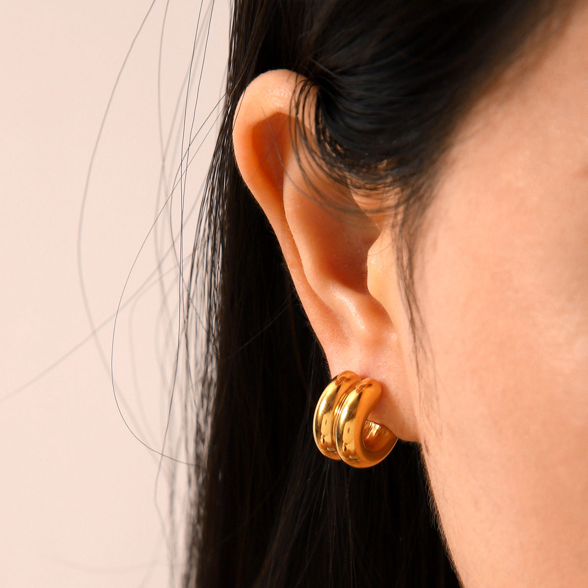 Fashion Minimalist 18K Gold Plated Double Layer Geometric Stainless Steel Hoop Earrings for Women
