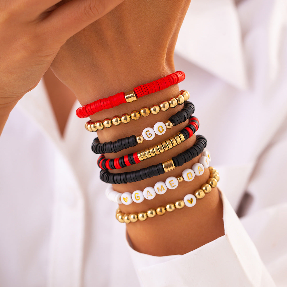 Stackable Geometric and Letter-Shaped Polymer Clay Bracelet Set for Women with Handcrafted Finish