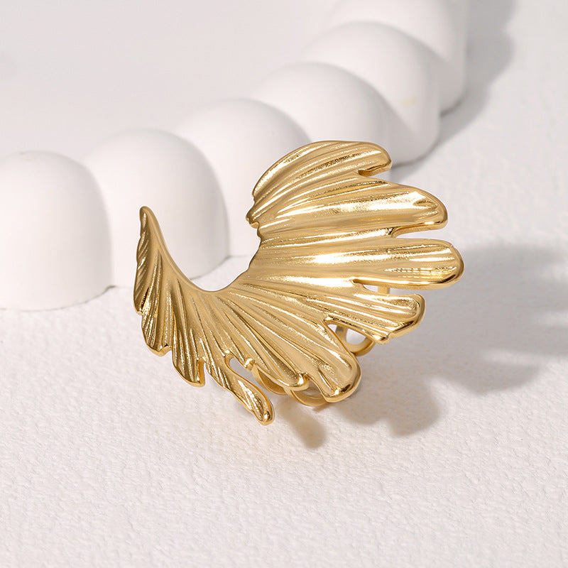 Minimalist Wing-Shaped Stainless Steel Open Ring for Women with 18K Gold Plating