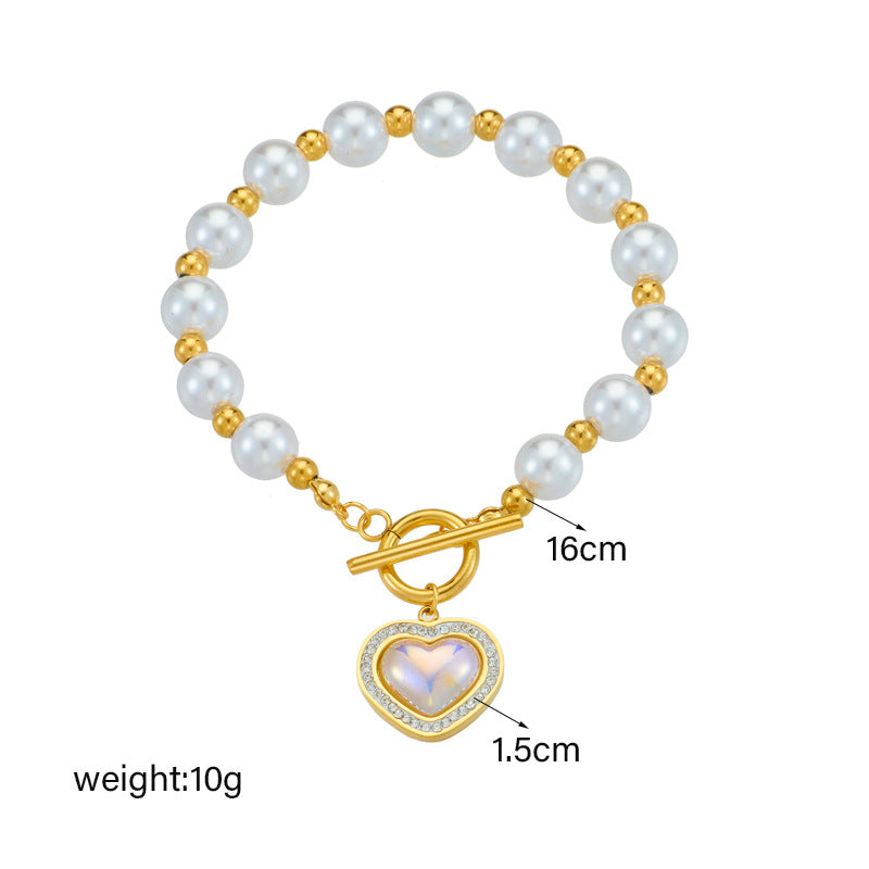 Pulsera de Perlas Vintage de Moda con Colgante de Corazón de Diamantes de Imitación y Cierre OT de Acero de Titanio para Mujer