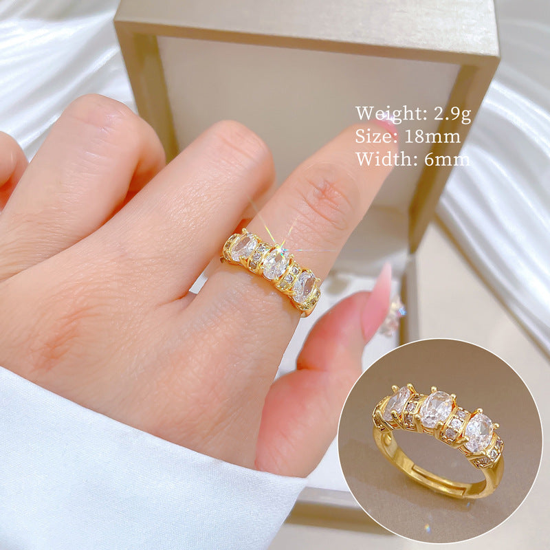 Sweet Minimalist Gold Plated Brass Rhinestone Crown Ring Adjustable Open Band for Women and Couples