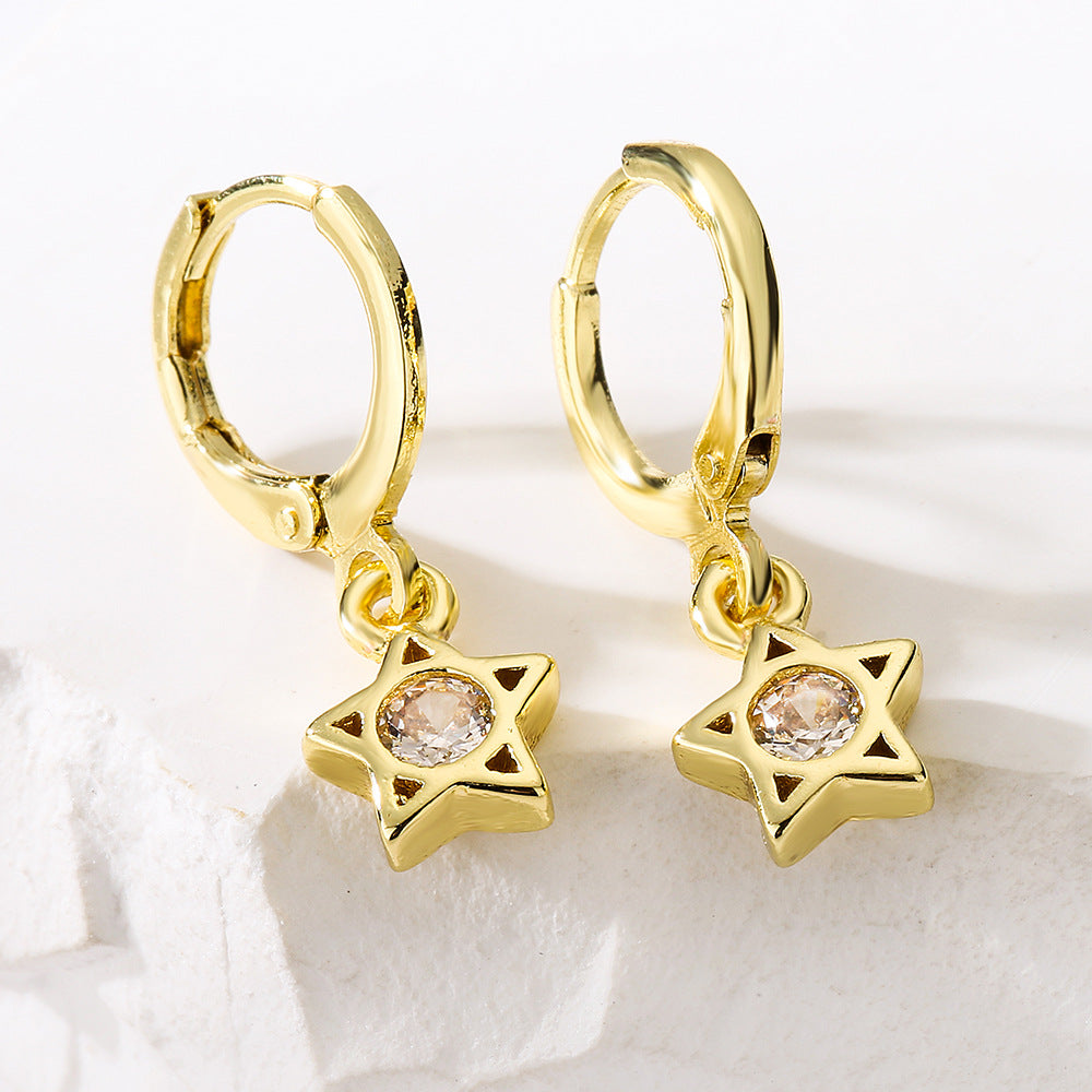 Geometric Star-Shaped Copper Earrings with 18K Gold Plating and Micro-Pave Zirconia for Women