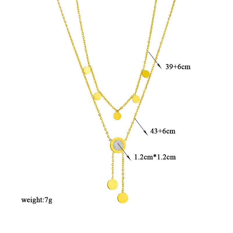 Minimalist Double-Layer Roman Round Pendant Titanium Steel Clavicle Necklace with Tassel Detail for Women