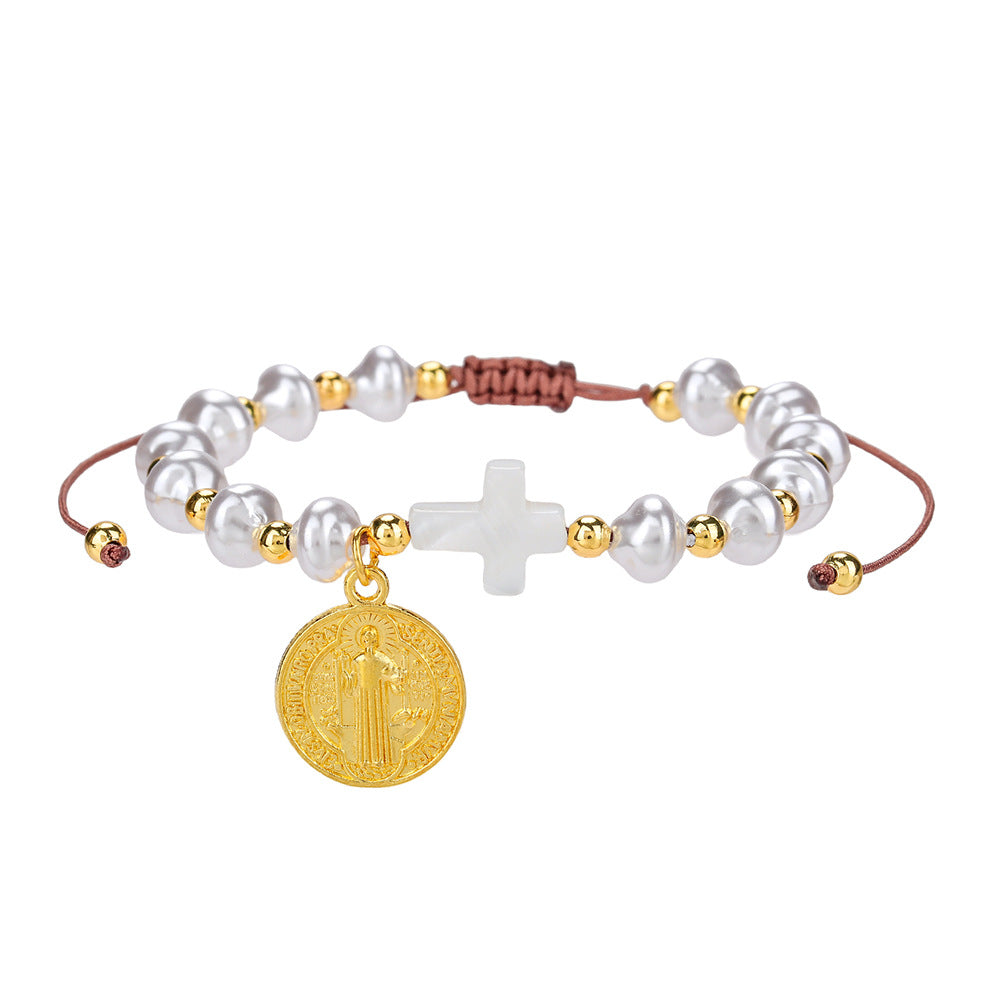 Bohemian Handmade Glass Bead Cross Bracelet with Pearl Adjustable Geometric Design for Women
