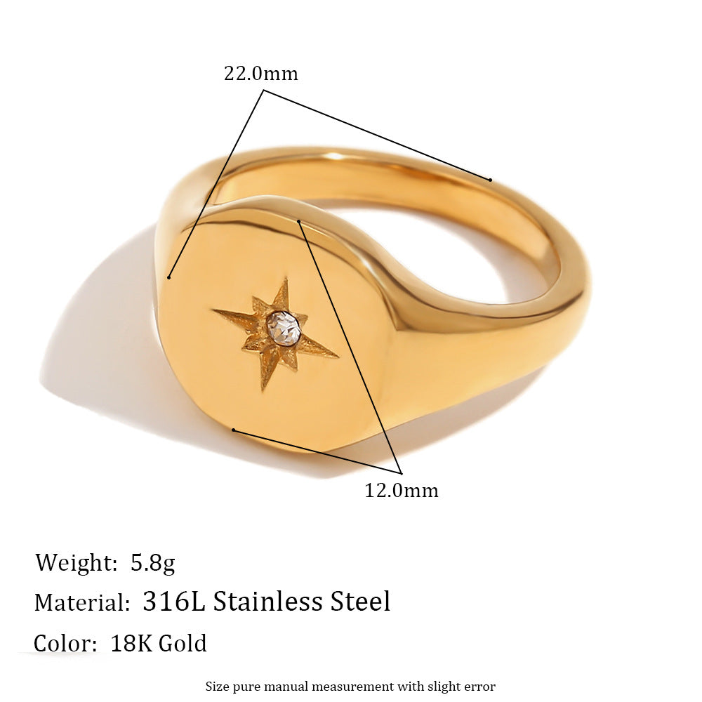 Minimalist Geometric Stainless Steel Ring with 18K Gold Plating Featuring Octagram Star Seal Design for Women