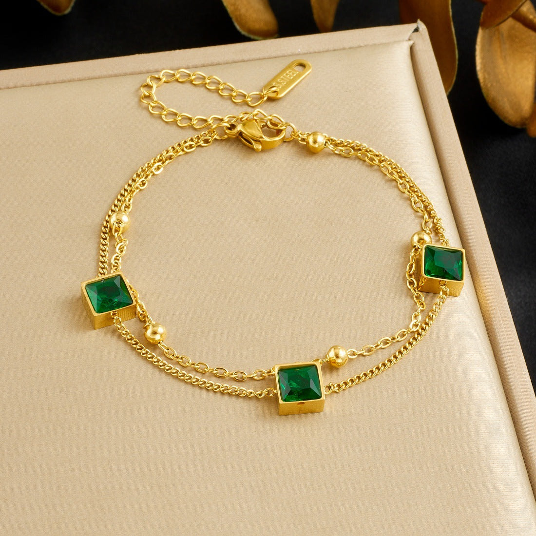 Gold Plated Stainless Steel Square Geometric Pendant Bracelet with Rhinestone and Green Glass Inlay for Women