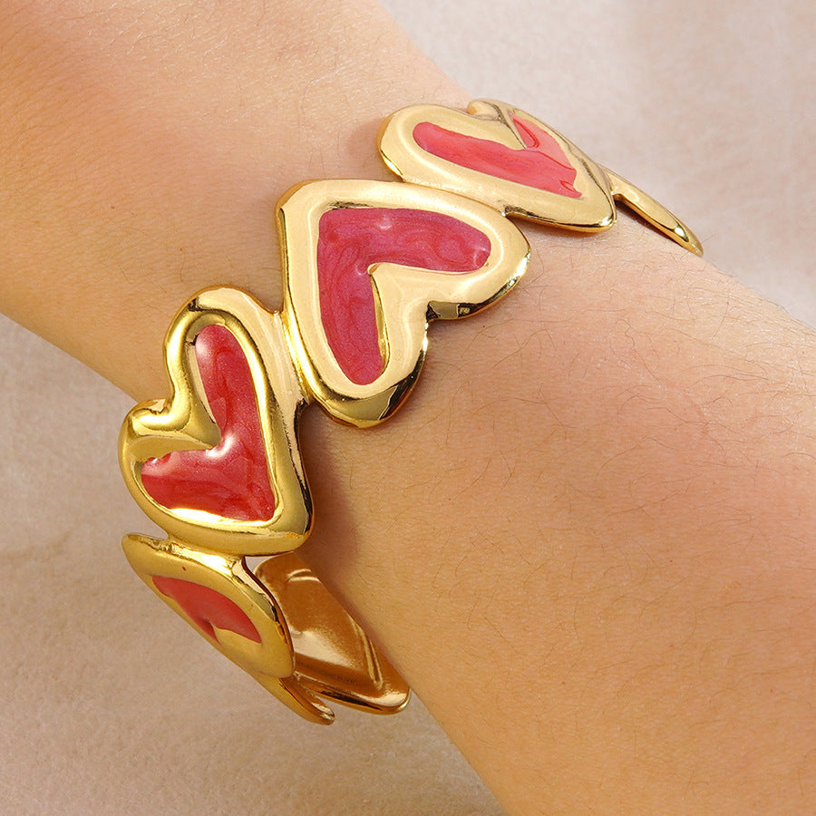 Sweet Heart Drip Oil Enamel Stainless Steel Open Cuff Bracelet