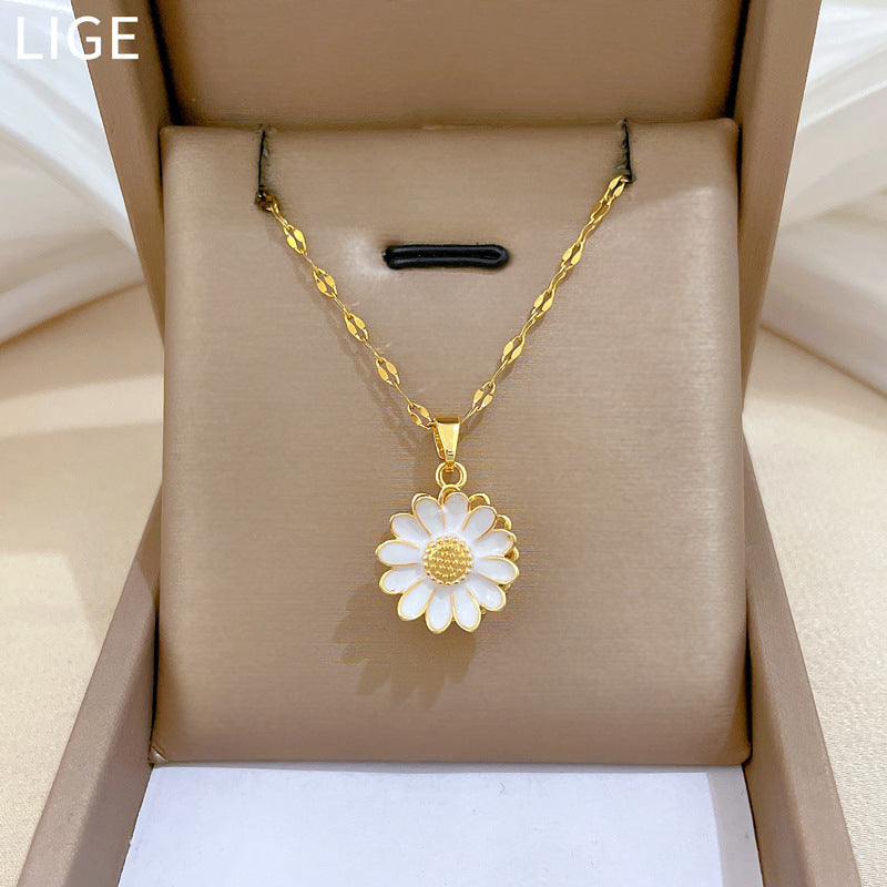 Sweet Elegant Geometric Sunflower Gold Plated Titanium Steel Necklace with Rhinestone Brass Pendant for Unisex
