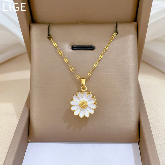 Sweet Elegant Geometric Sunflower Gold Plated Titanium Steel Necklace with Rhinestone Brass Pendant for Unisex