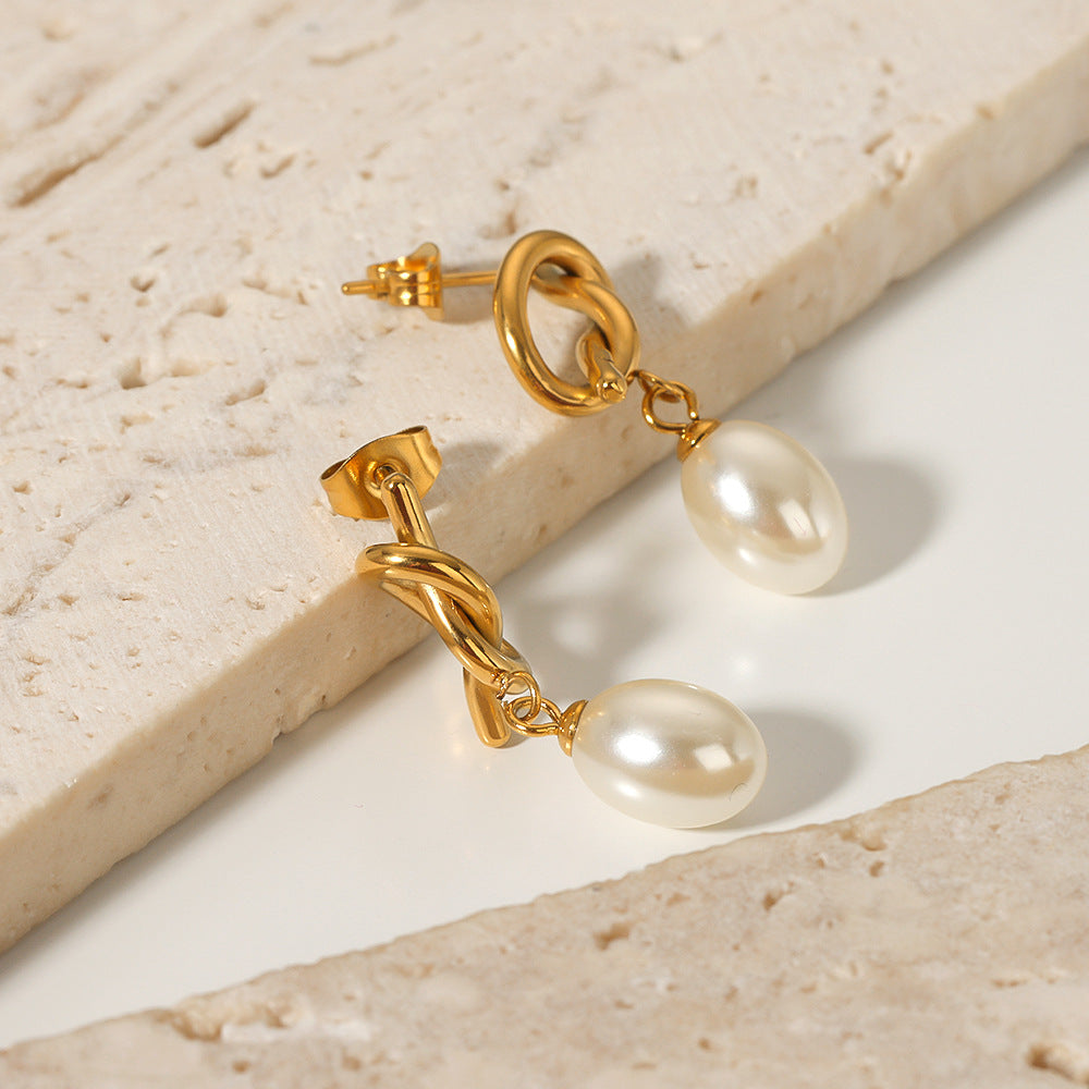 Vintage French Baroque Style Geometric Stainless Steel Earrings with Pearl Accents and Electroplated Finish for Women