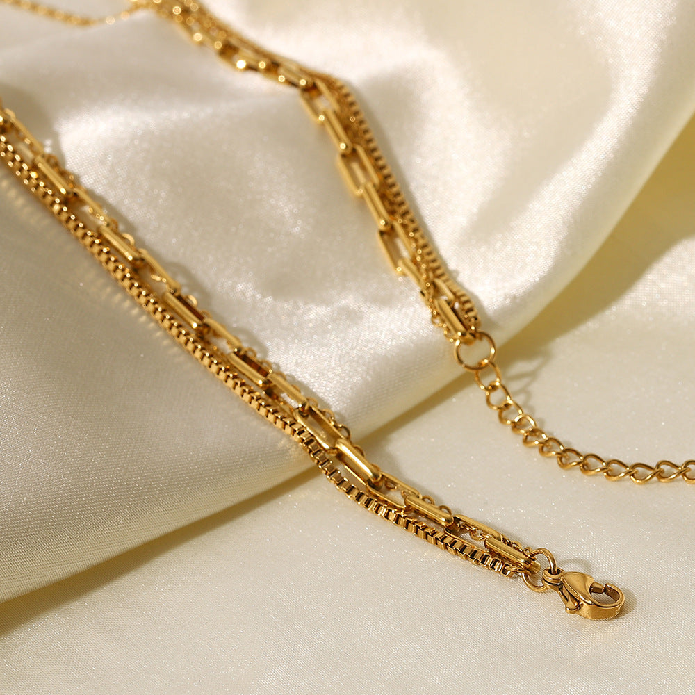 Vintage Geometric 18K Gold Plated Stainless Steel Triple Layer Paperclip Box Chain Necklace